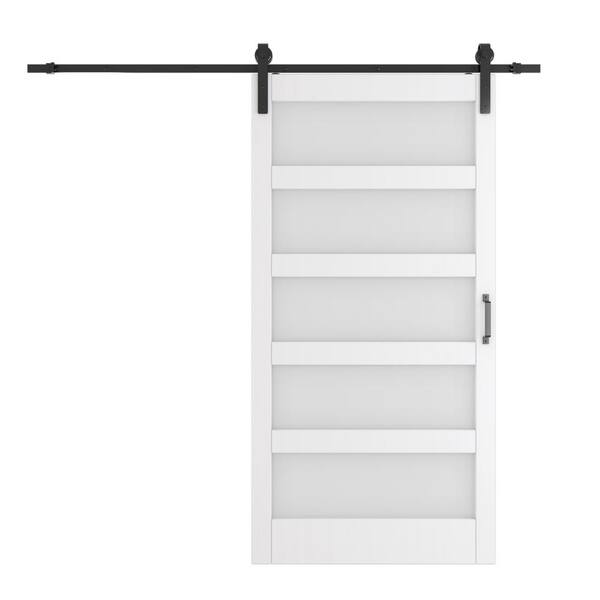 TENONER 42 in. W. x 84 in. 5-Panel, Frosted Glass, White, Can't Be Painted, Finished MDF Sliding Barn Door with Hardware Kit