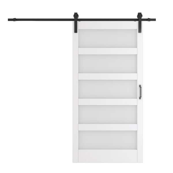 TENONER 42 in. x 84 in. White, Finished, MDF, Frosted Glass, 5 Glass Panel Sliding Barn Door with Hardware Kit