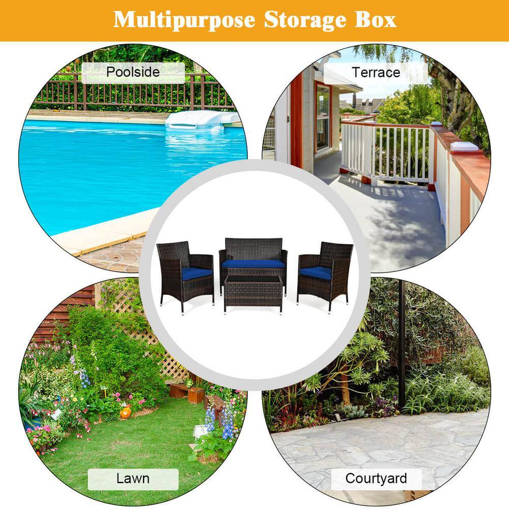 4-Piece Brown Steel Rattan Patio Set with Navy Cushions