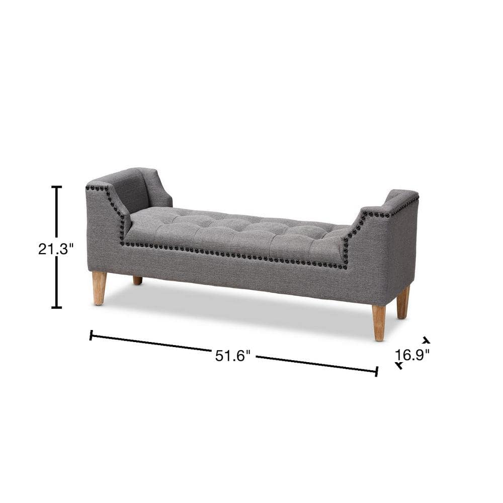 Gray Linen Upholstered Oak Wood Bench with Tapered Legs