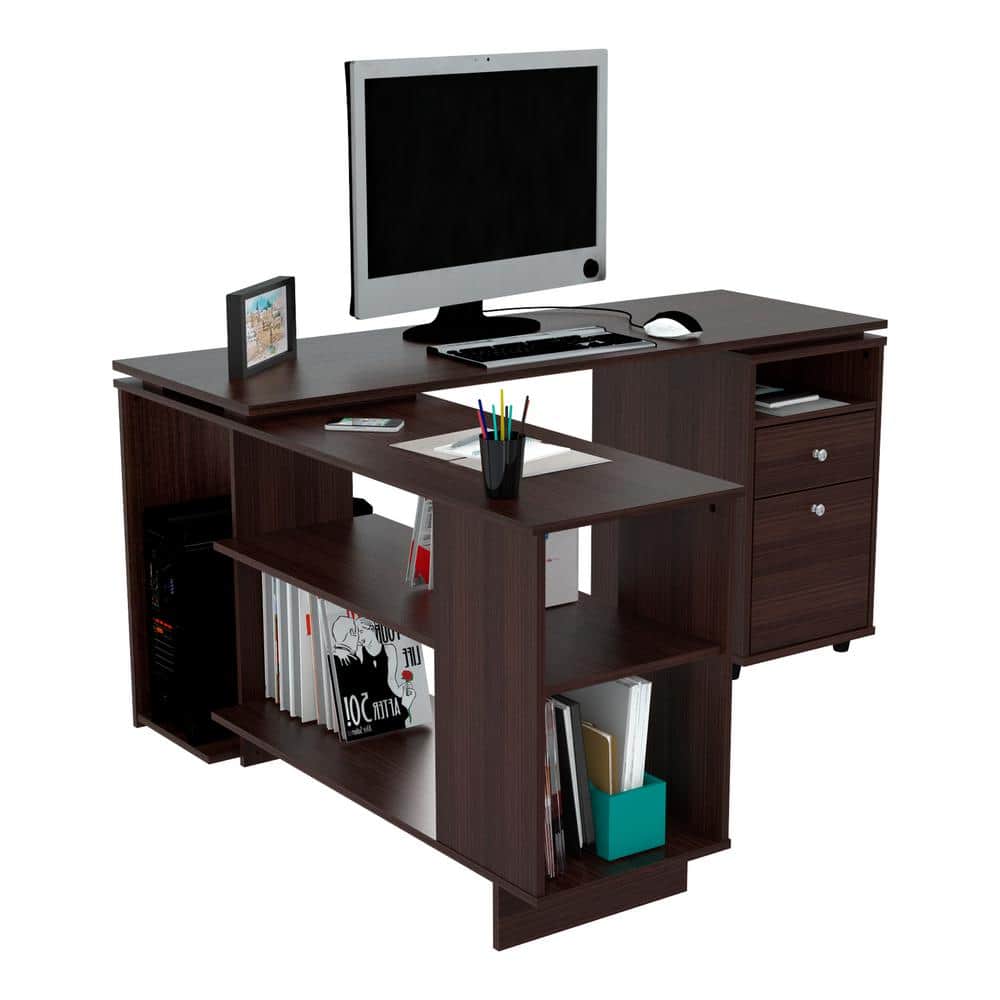 Espresso L-Shaped Corner Computer Desk with Filing Cabinet