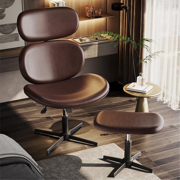 Modern Dark Brown PU Leather Swivel Chair with Ottoman Lounge Chair Recliner Occasional Chair for Living Room and Office