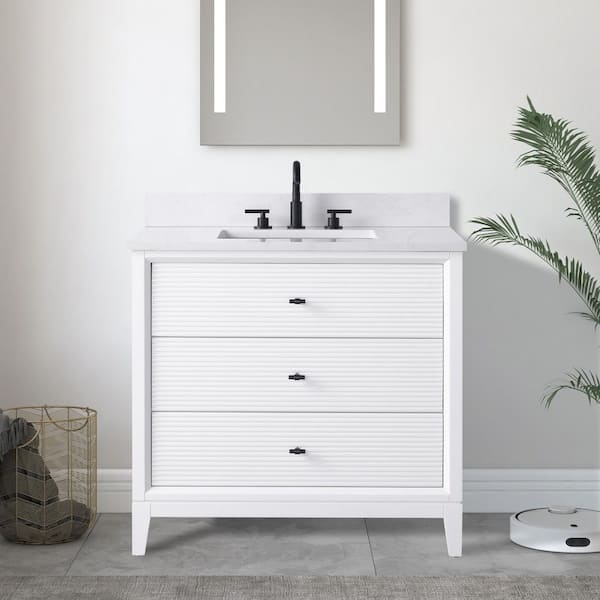 36 in. W x 22 in. D Single Sink Freestanding White Bath Vanity Cabinet with White Engineered Marble Top
