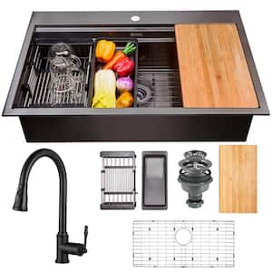 All-in-One Matte Black Finished Stainless Steel 32 in. x 22 in. Single Bowl Drop-in Kitchen Sink with Pull-down Faucet