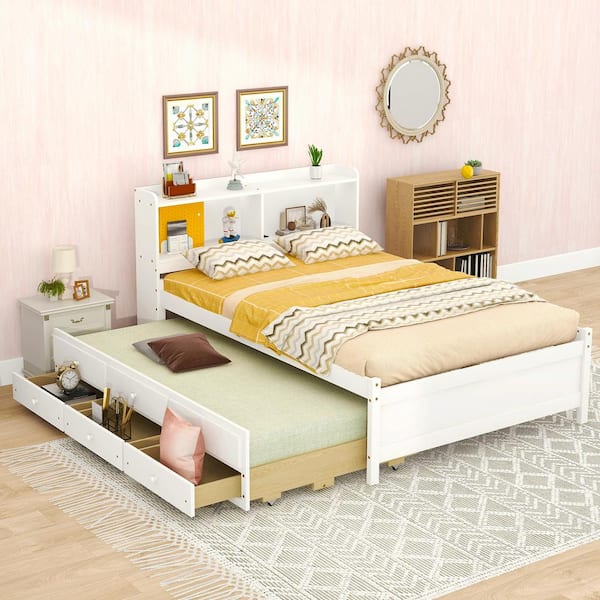 Harper & Bright Designs White Wood Frame Full Size Platform Bed with ...