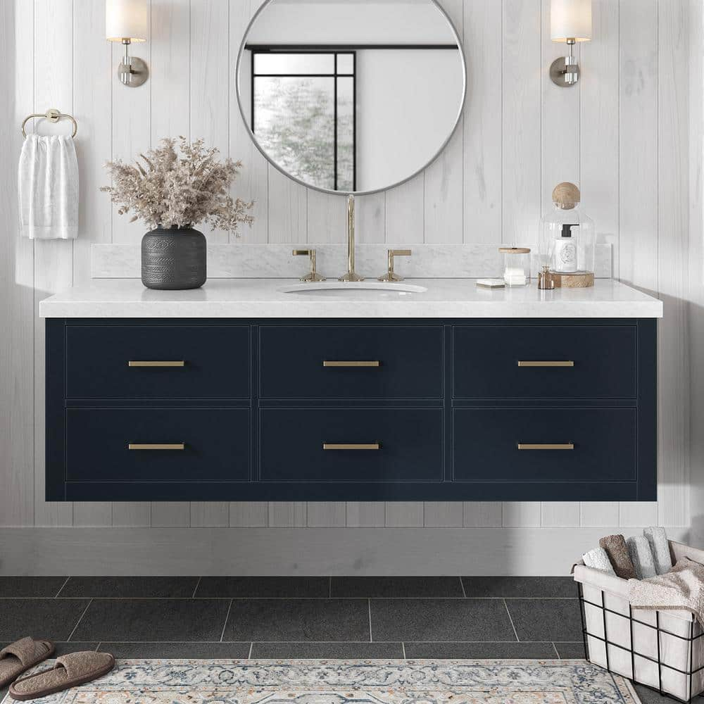 Hutton 61 in. W x 22 in. D x 19.6 in. H Bath Vanity in Blue with Carrara White Marble Top -  ARIEL, W061SCWOVOMNB