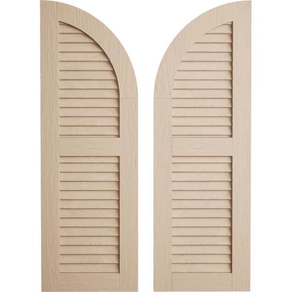 Ekena Millwork 18 x 86" Timberthane Polyurethane Rough Sawn 2-Equal Louvered Quarter Round Arch Top Faux Wood Shutters Pair in Primed