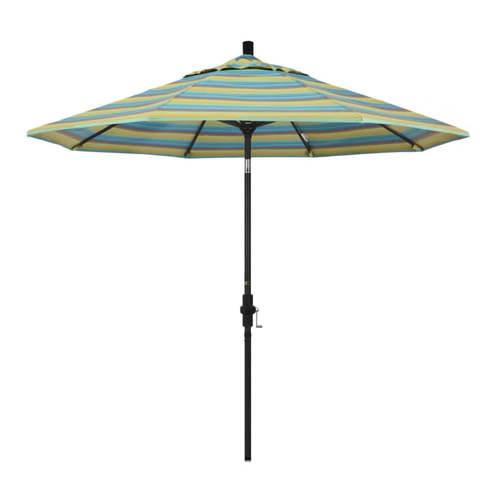 California Umbrella 9 ft. Stone Black Aluminum Collar Tilt Crank Lift Market Patio Umbrella in Astoria Lagoon Sunbrella