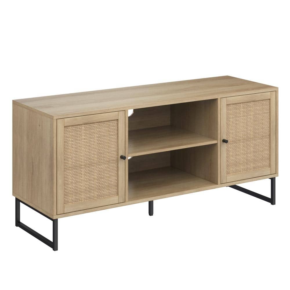 Mina Light Oak and Rattan TV Stand Set with Matte Black Accents
