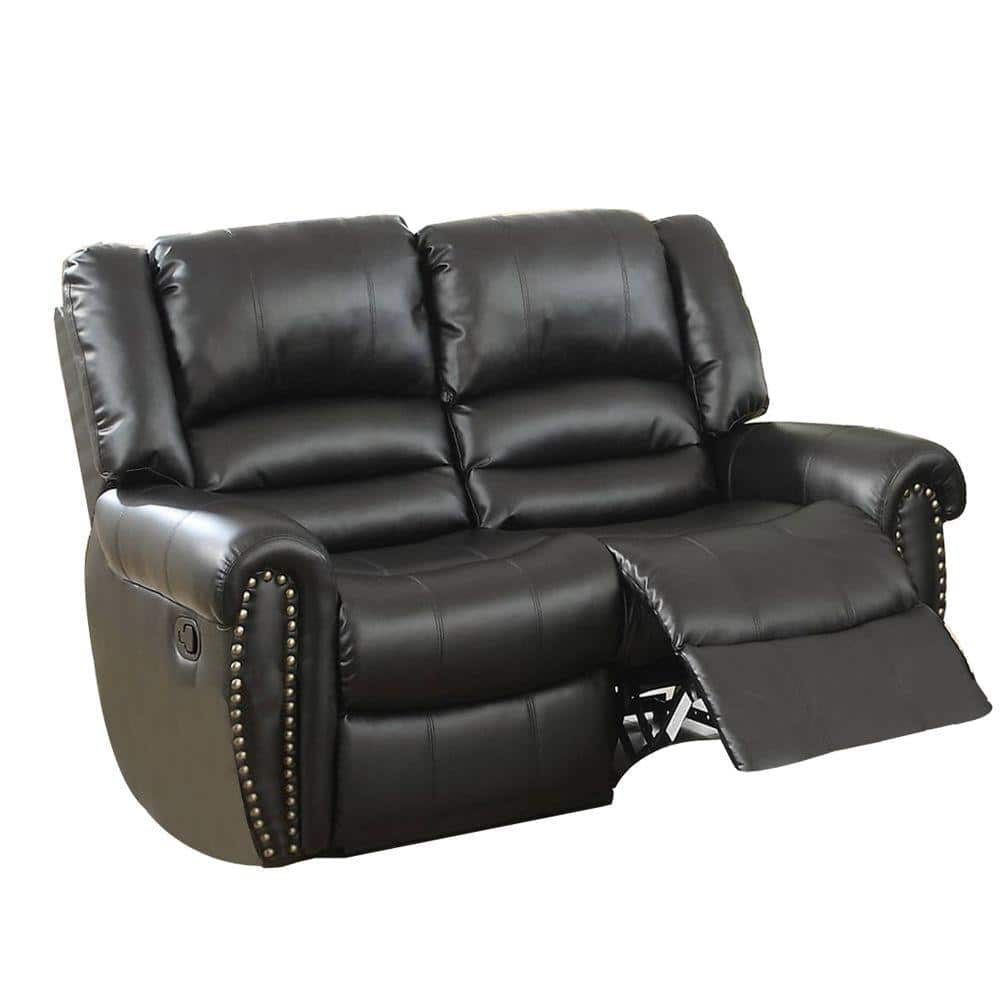 Benjara 63 In. Black Solid Leather 2-Seater Reclining Loveseat With ...