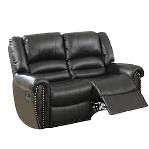 63 in. Black Solid Leather 2-Seater Reclining Loveseat with Wooden Frame