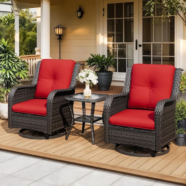 3-Piece Wicker Outdoor Rocking Chair Patio Swivel Chair Set with Red Cushions and Table