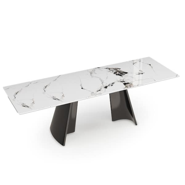 White Marble Top 94.4 in. Pedestal Extendable Dining Table Seats 10+ with Electroplated Stainless Steel Trumpet Base