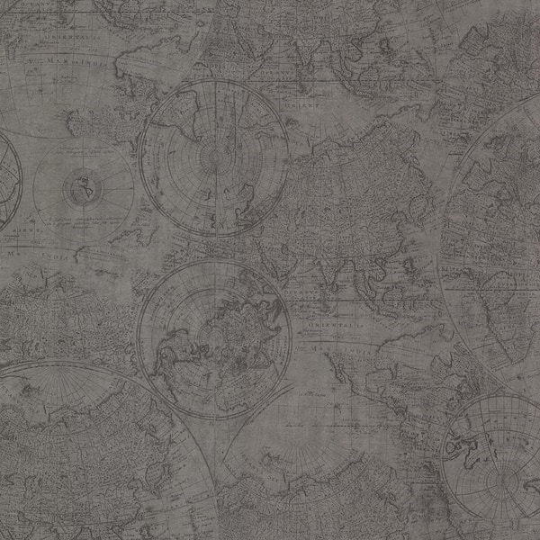 Beacon House Cartography Pewter Vintage World Map Pewter Wallpaper Sample
