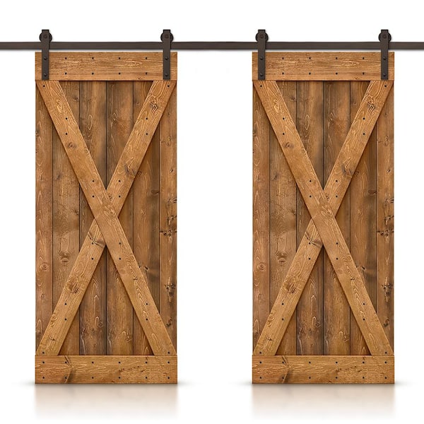 CALHOME X 96 in. x 84 in. Walnut Stained DIY Solid Knotty Pine Wood Interior Double Sliding Barn Door with Hardware Kit