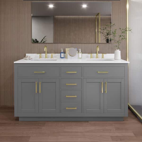 Wyndham Collection Beckett TK 66 in. W x 22 in. D x 35 in. H Double Bath Vanity in Dark Gray with White Quartz Top