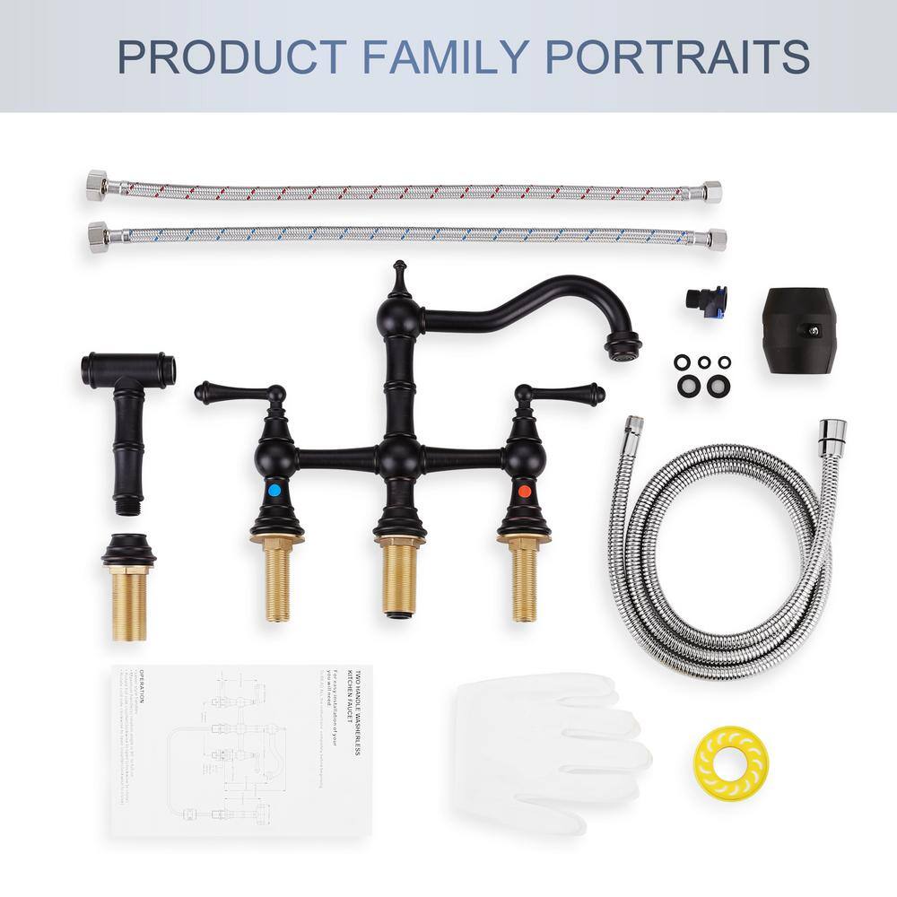 Oil Rubbed Bronze Double Handle Bridge Kitchen Faucet with Side Sprayer