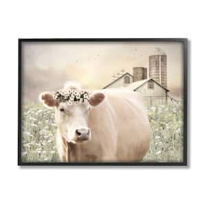 "Realistic Cow Floral Crown Tranquil Farm Field" by Lori Deiter Framed Animal Texturized Art Print 11 in. x 14 in.