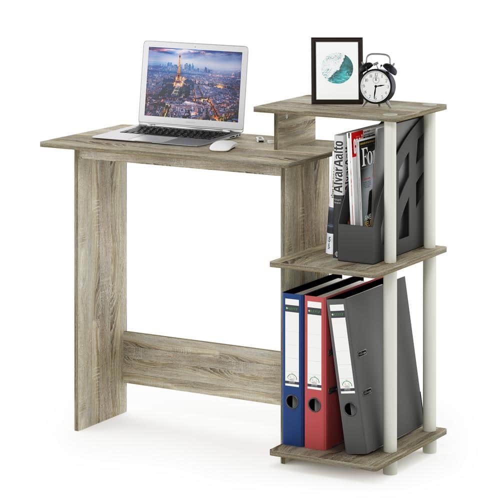 Compact French Oak Grey Computer Desk with Keyboard Tray and Storage Bin