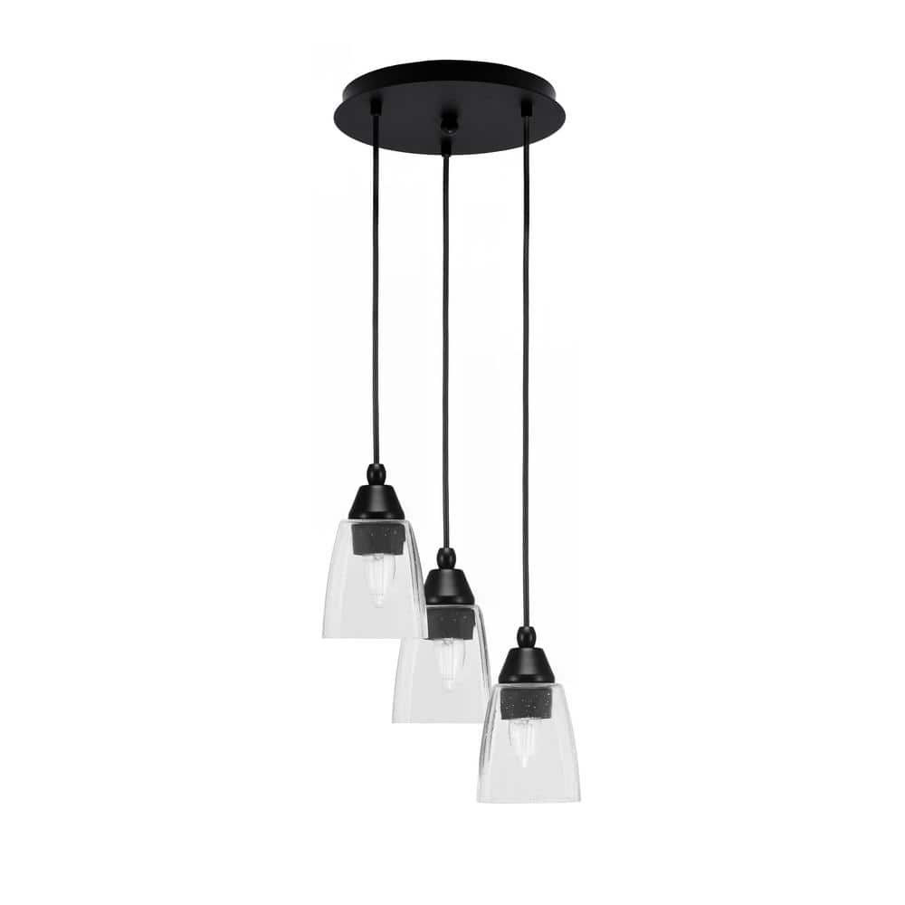 Savannah 9 in. 3-Light Matte Black Cord Pendant Light Square Clear Bubble G