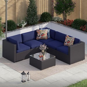 Rattan Outdoor Sectionals Patio Conversation Set Sofas with Blue Cushions