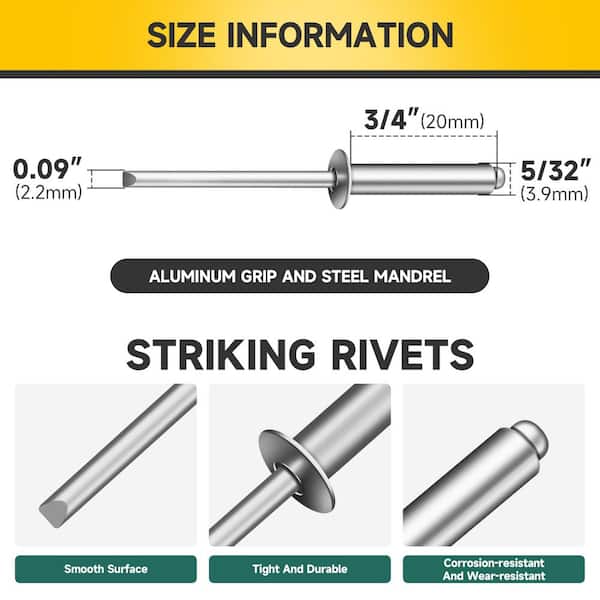 5/32 in. x 3/4 in. Aluminum Grip and Steel Mandrel Blind Pop Rivets for Metal (250-Pack）