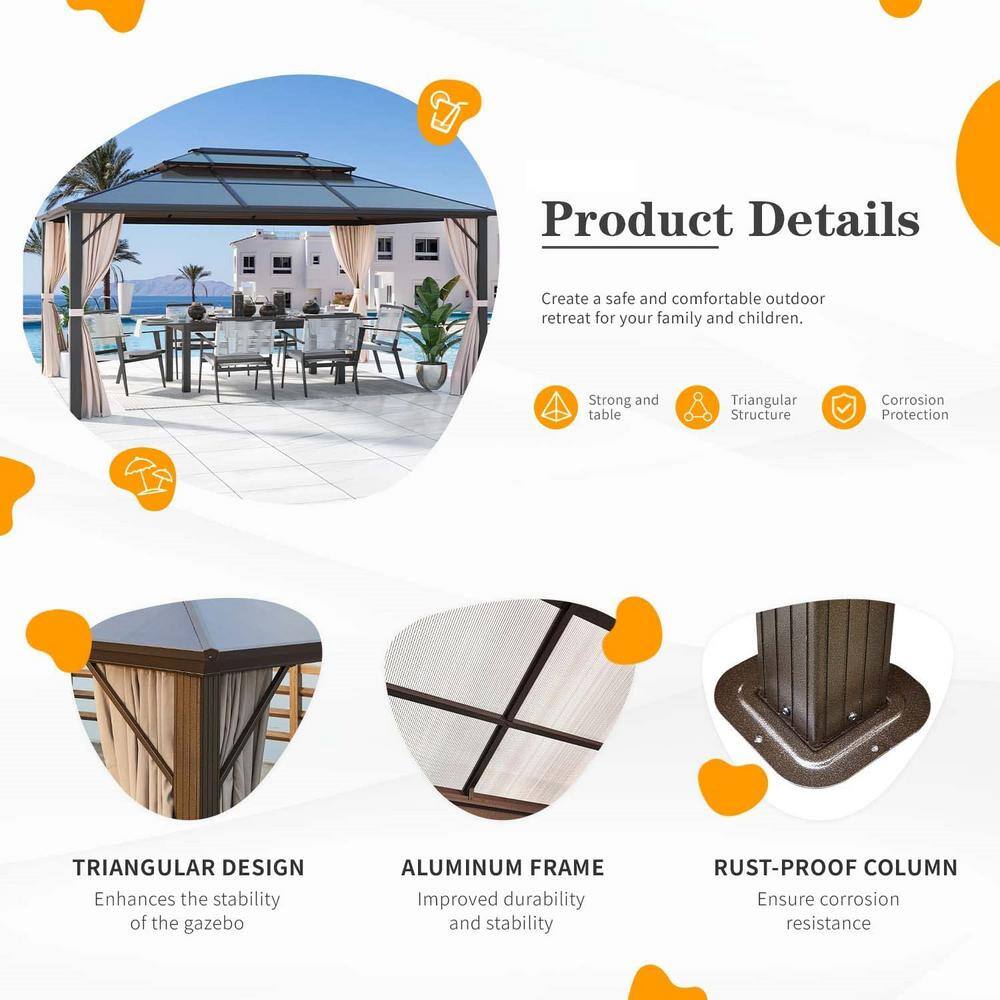Yoleny 10'x13' Brown Aluminum Hardtop Gazebo with Beige Canopy