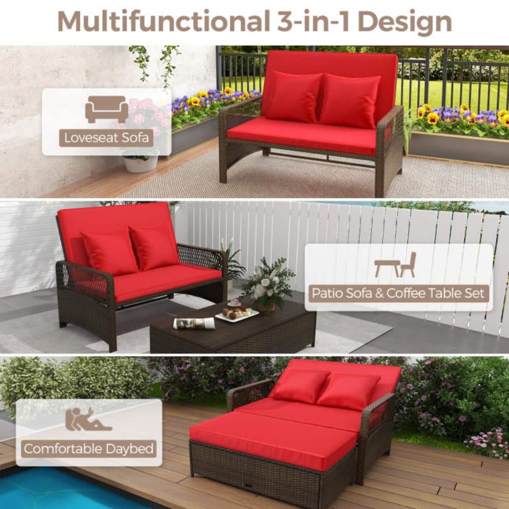 Red Adjustable Rattan Loveseat with Multifunctional Ottoman