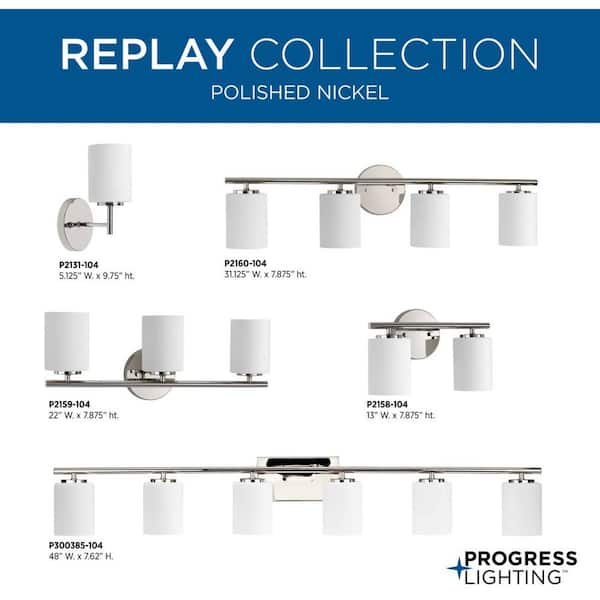 Replay Collection 22 in. 3-Light Polished Nickel Etched White Glass Modern Bathroom Vanity Light