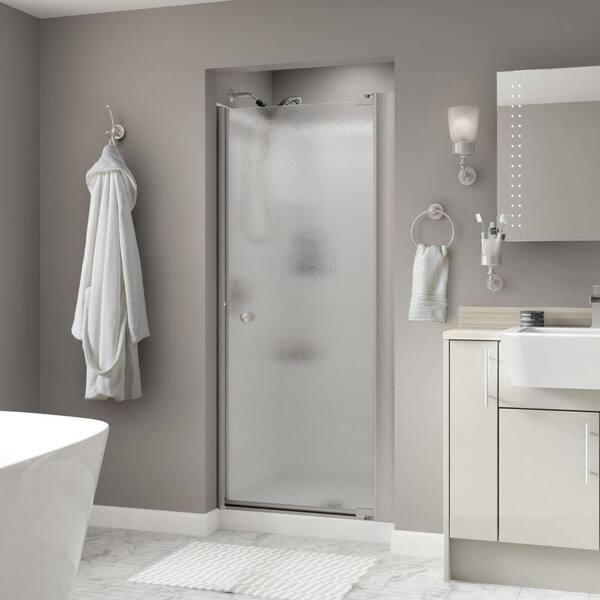 Delta Silverton 33 in. x 64-3/4 in. Semi-Frameless Contemporary Pivot Shower Door in Nickel with Rain Glass