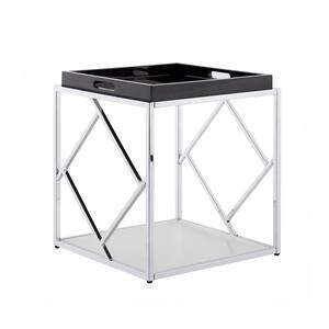 Bella 17.7 in. Black 20.9 in. Square MDF PU High Glossy Painting Side Table with Water Ripple Glass Shelf