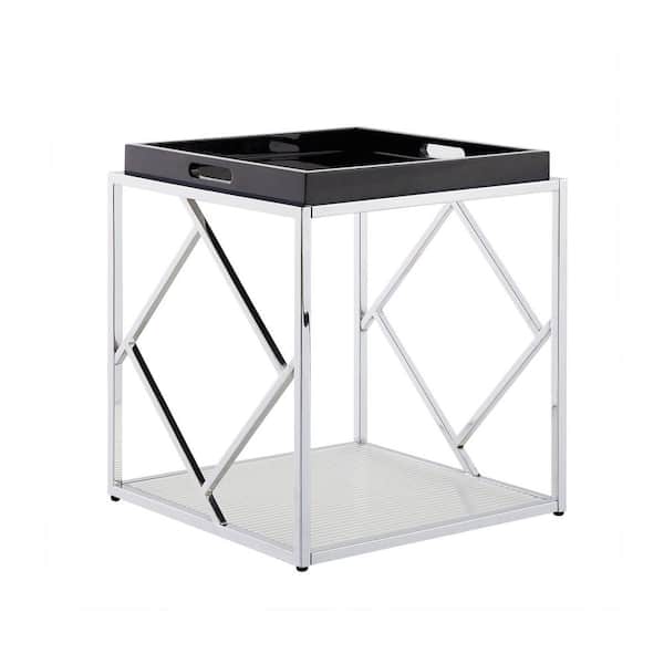 MINIMORE Bella 17.7 in. Black 20.9 in. Square MDF PU High Glossy Painting Side Table with Water Ripple Glass Shelf