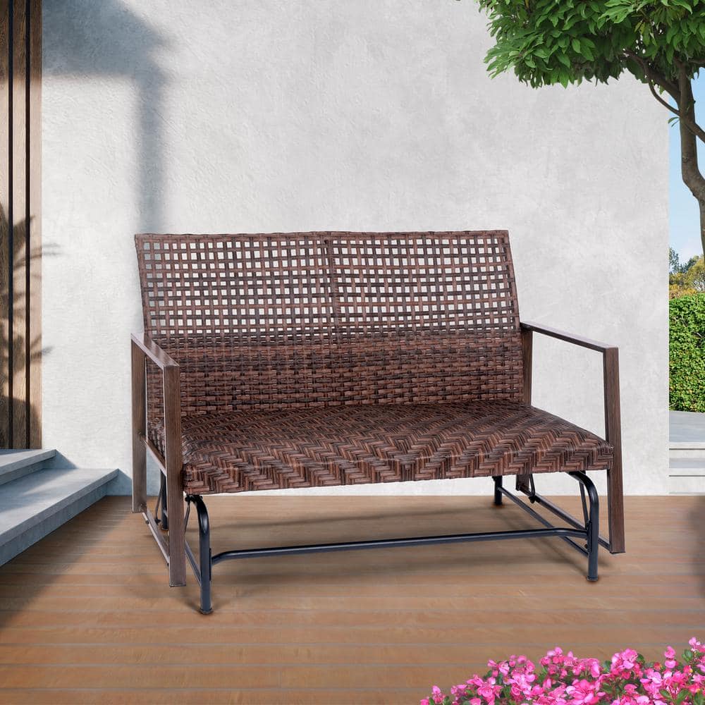 Brown Wicker 2-Person Outdoor Glider with Powder-Coated Frame