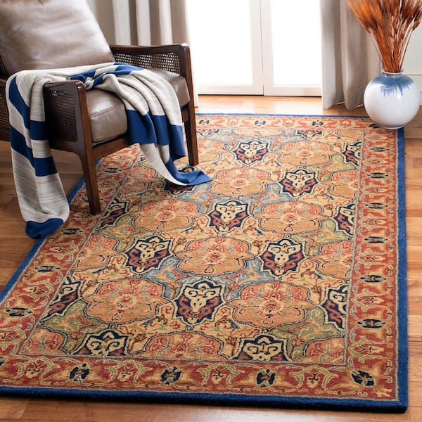 Heritage 4 ft. x 6 ft. Blue/Red Border Ornate Abstract Area Rug