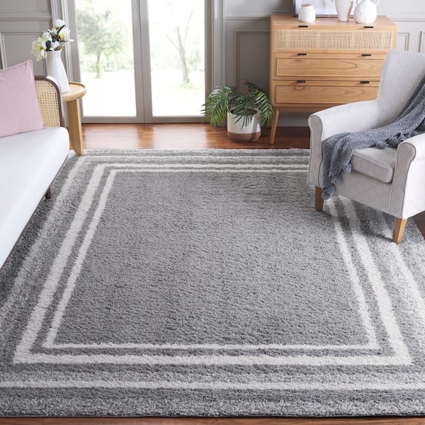 Border and Stripe Shag 9 ft. x 12 ft. Gray/Ivory Concentric Border Area Rug