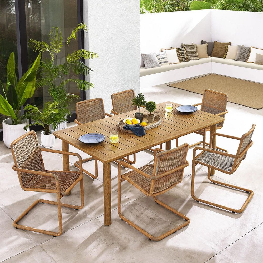 Abacus 7-Piece Rectangular Outdoor Patio Aluminum Dining Table Set with Rattan Armchairs in Natural Natural