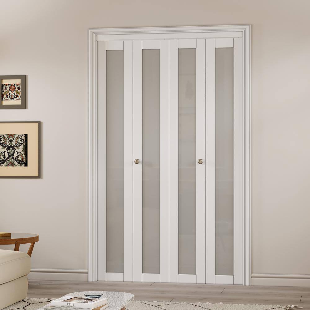 48 in. x 80 in. Solid Core White Bi-Fold Door with Frosted Glass
