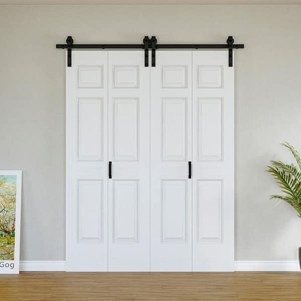 64 in. x 84 in. Paneled 6-Lite White Primed Hollow Core MDF Composite Bi-fold Door with Bifold Barn Door Hardware