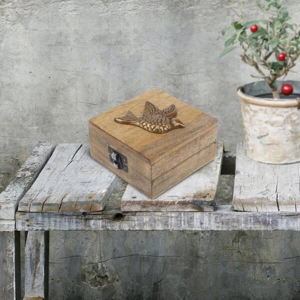 Stonebriar Collection 4 in. x 2.5 in. Natural Wood Hinged Box with Latch and Sparrow Decoration