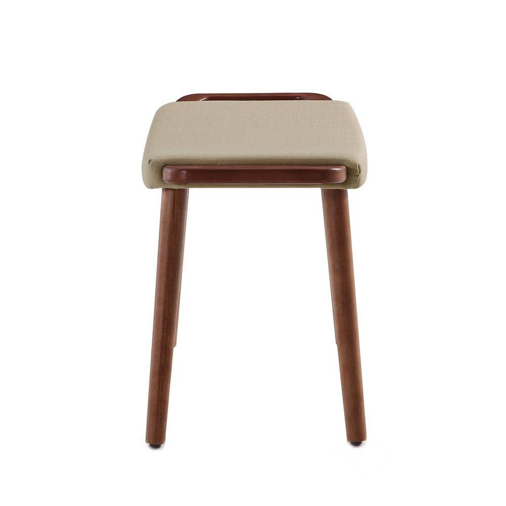 Mid-Century Barley Cream Linen & Antique Walnut Ottoman