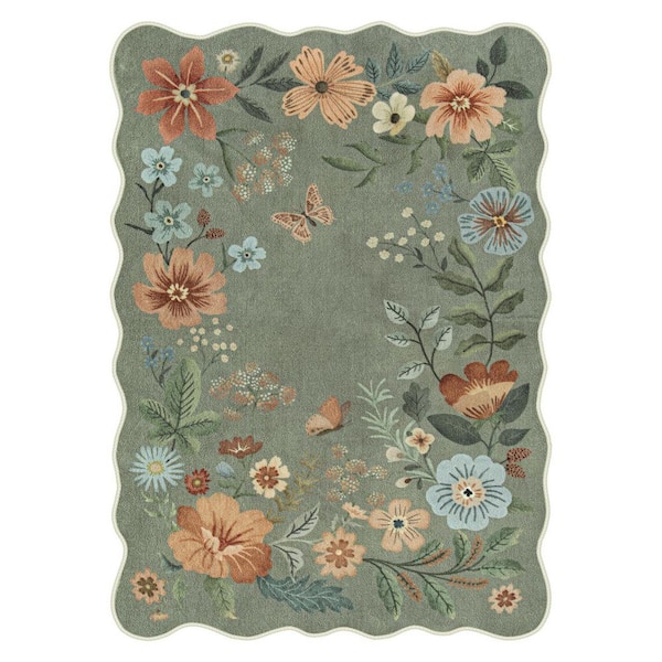 Washable Farmhouse Floral Print Wave-Shaped Non Slip Green Living Room Entryway 5 ft. x 7 ft. Area Rug