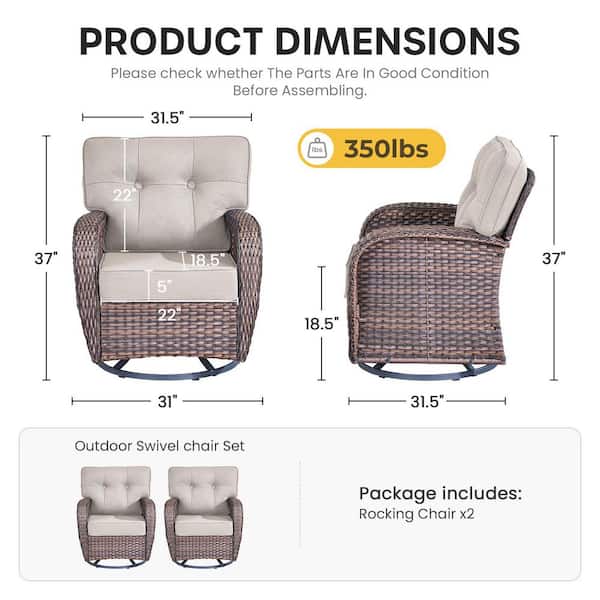 Modern Seaside Series 2-Piece Patio Wicker Swivel Outdoor Rocking Chair with Beige Cushions