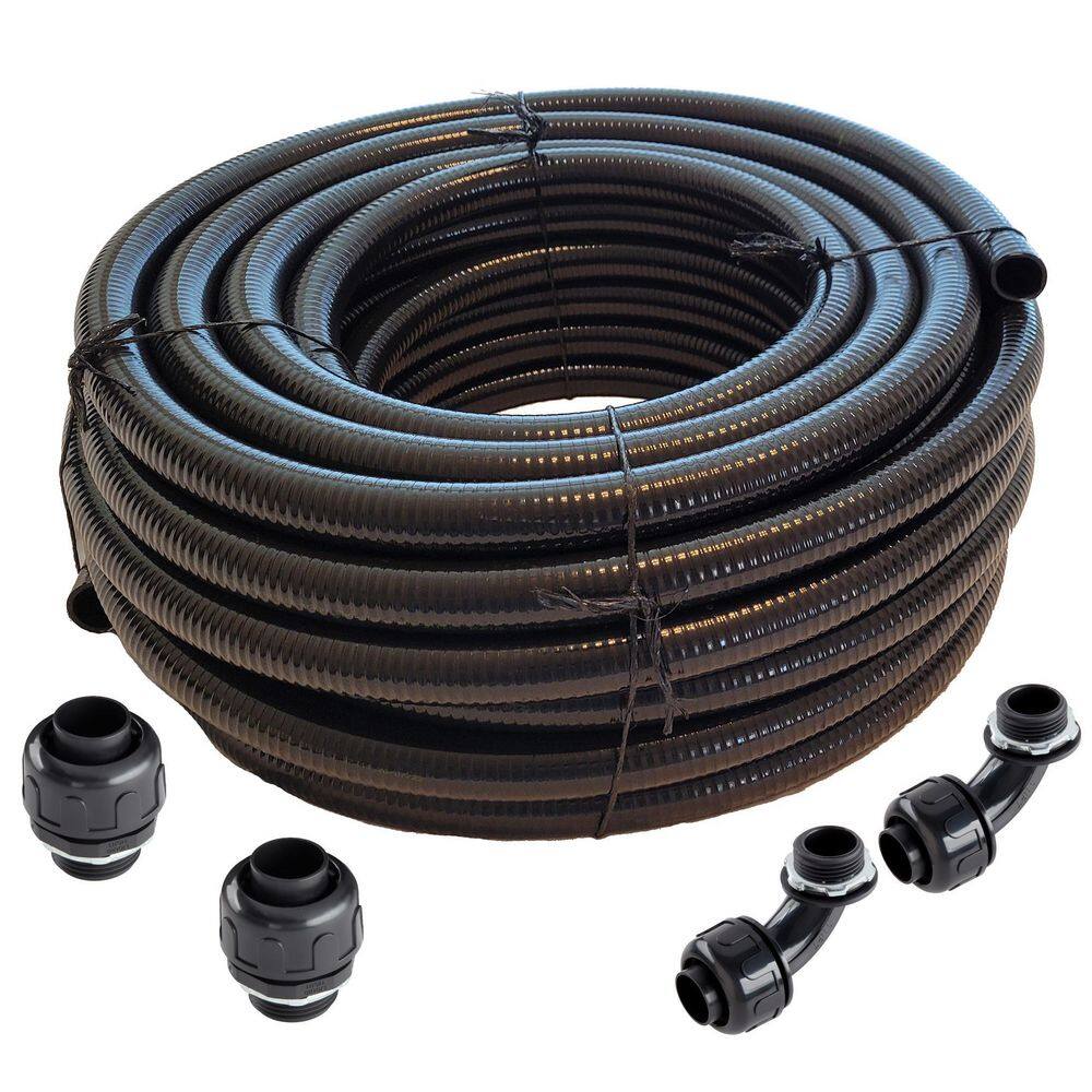 HYDROMAXX 1-1/4 in. x 25 ft. Black Non Metallic Flexible Liquid Tight Electrical  Conduit with Fittings LT114025FB - The Home Depot