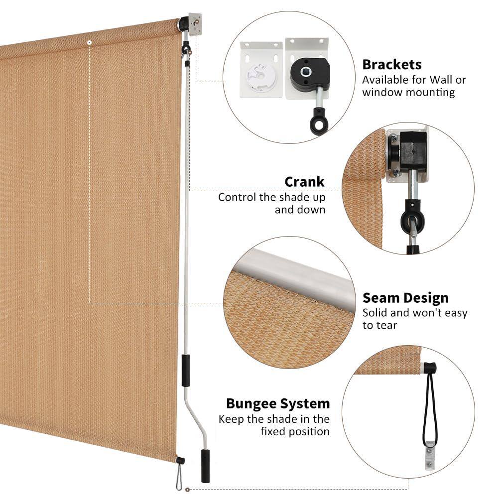 Walnut Cordless Roll-Up Outdoor Fabric Shade, 6' x 6'