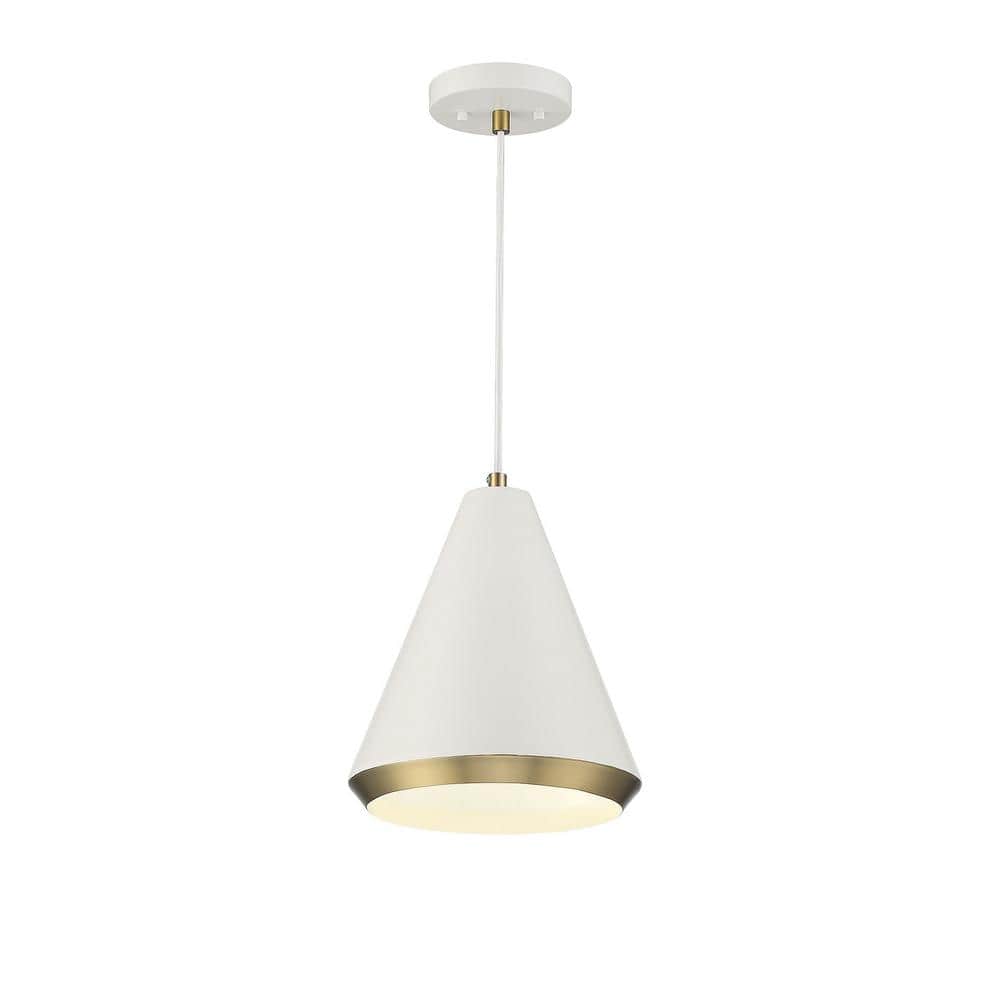 White and Brass Cone Pendant Light with Metal Shade