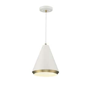 10 in. W x 12 in. H 1-Light White and Natural Brass Standard Pendant Light with White Metal Shade