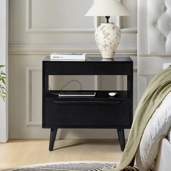 JAYDEN CREATION Galena Black Mid-Century Modern 2-Drawer Nightstand with Built-in Outlets