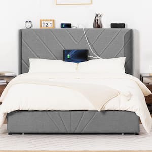 Gray Bed Frame with Type-C and USB Queen Size Platform Bed with 3-Storage Drawers Upholstered Headboard Bed