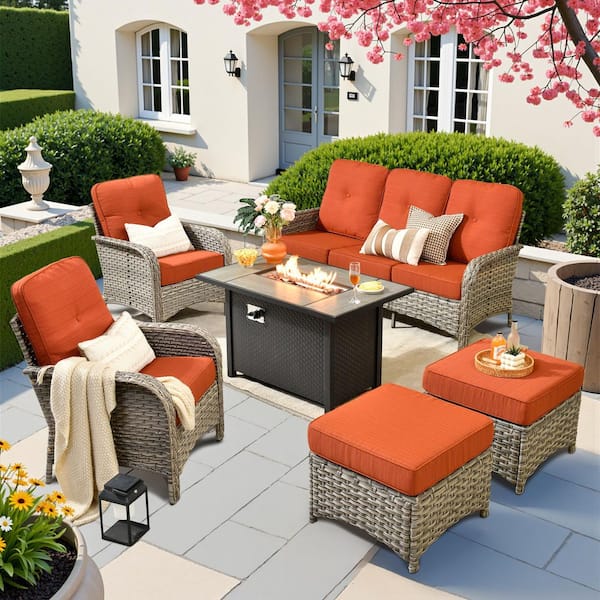 Eliza 6-Piece Outdoor Wicker Conversation Sofa Seating Set for Garden with Ottoman, Orange Red Cushions，Metal Fire Pit