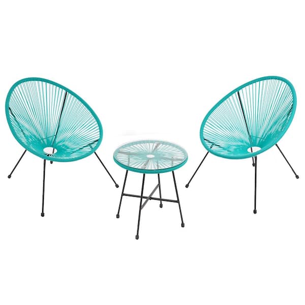 WELLFOR Blue 3-Piece Wicker Patio Conversation Set Egg Chair Set